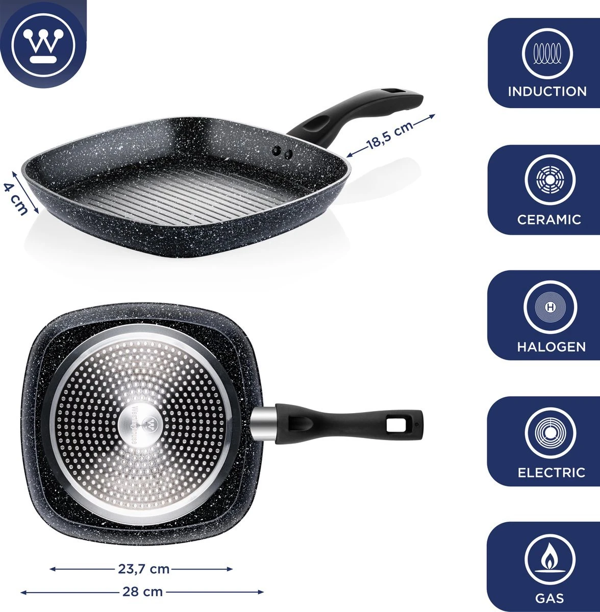 Westinghouse Pannenset Black Marble (Grillpan 28 Cm + Wokpan ø 30 Cm) - Inductie En Alle Andere Warmtebronnen 5 Westinghouse Pannenset Black Marble (Grillpan 28 Cm + Wokpan ø 30 Cm) - Inductie En Alle Andere Warmtebronnen - Afbeelding 5