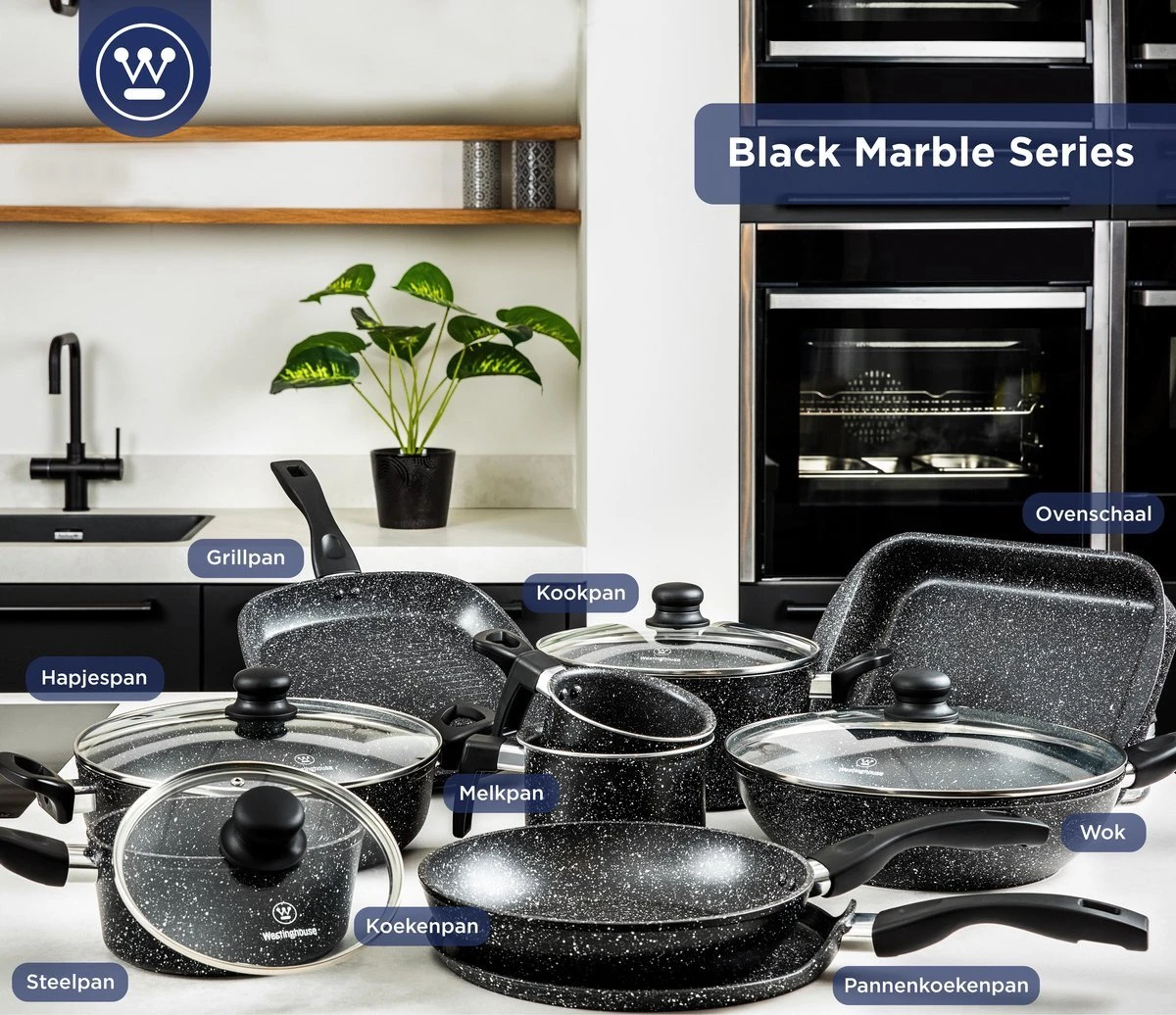 Westinghouse Pannenset Black Marble (Grillpan 28 Cm + Wokpan ø 30 Cm) - Inductie En Alle Andere Warmtebronnen 9 Westinghouse Pannenset Black Marble (Grillpan 28 Cm + Wokpan ø 30 Cm) - Inductie En Alle Andere Warmtebronnen - Afbeelding 9
