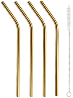 Sareva Herbruikbare Rietjes - Met Borstel - Goud - Gebogen - 4 Stuks -Le Creuset Winkel Sareva Rietjes gebogen goud 1