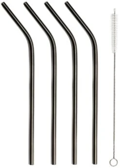 Sareva Herbruikbare Rietjes - Met Borstel - Zwart - Gebogen - 4 Stuks -Le Creuset Winkel Sareva Rietjes gebogen zwart