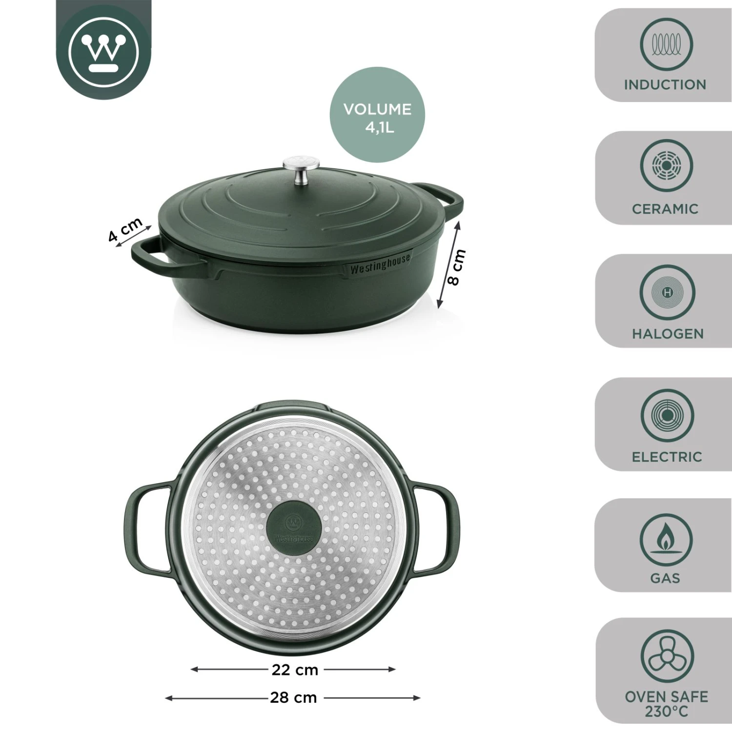 Westinghouse Hapjespan Performance - Gracious Green - ø 28 Cm / 4.1 Liter - Standaard Anti-aanbaklaag 2 Westinghouse Hapjespan Performance - Gracious Green - ø 28 Cm / 4.1 Liter - Standaard Anti-aanbaklaag - Afbeelding 2